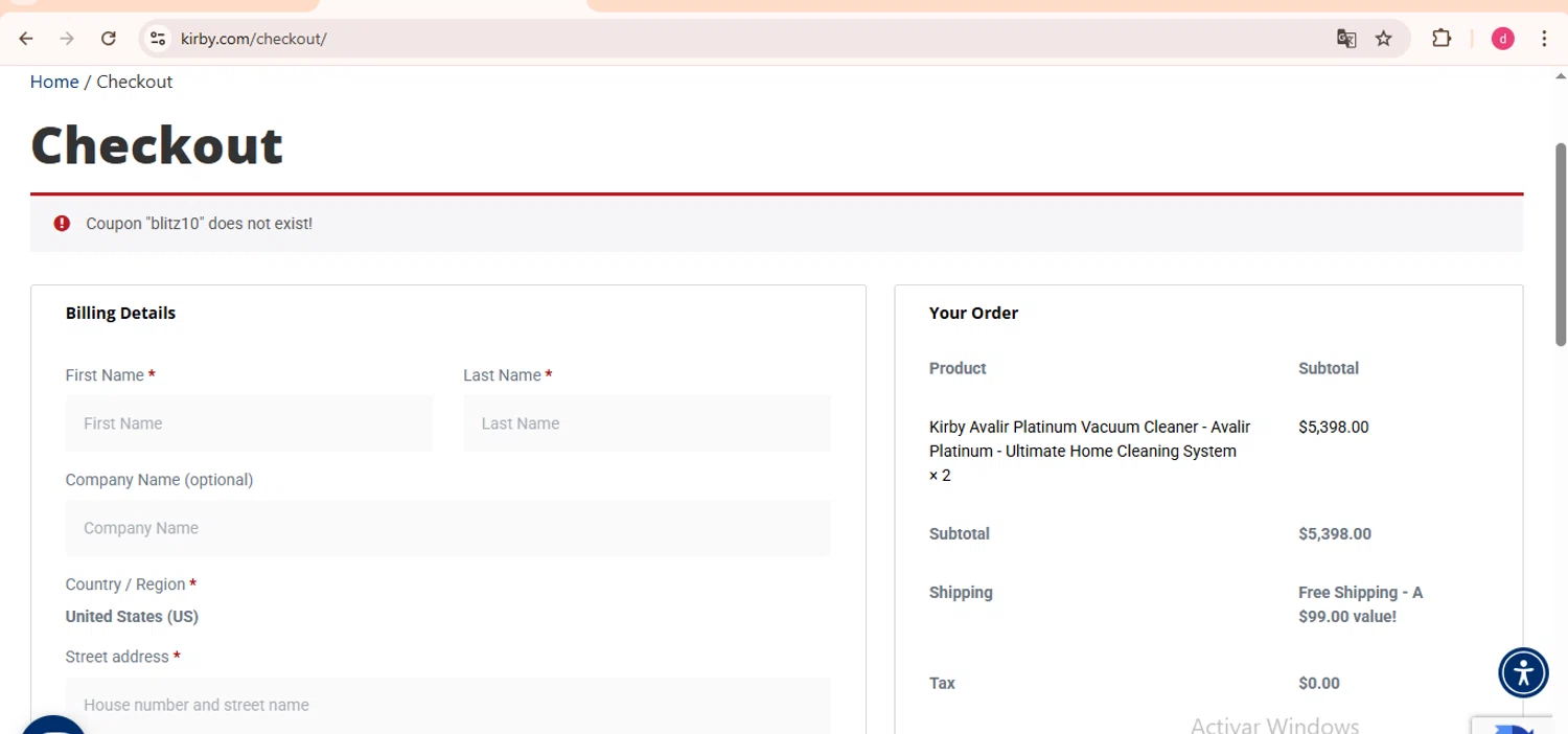 Kirby coupon code screenshot showing code BLITZ10 applied at Kirby checkout page. Uploaded by SimplyCodes community member LegendaryHunter6399 on Mar 14, 2025