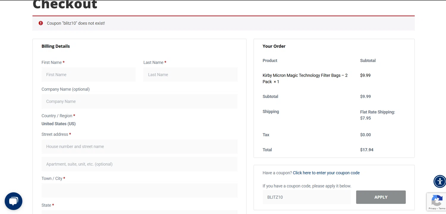 Kirby coupon code screenshot showing code BLITZ10 applied at Kirby checkout page. Uploaded by SimplyCodes community member jessicasuarez on Mar 14, 2025