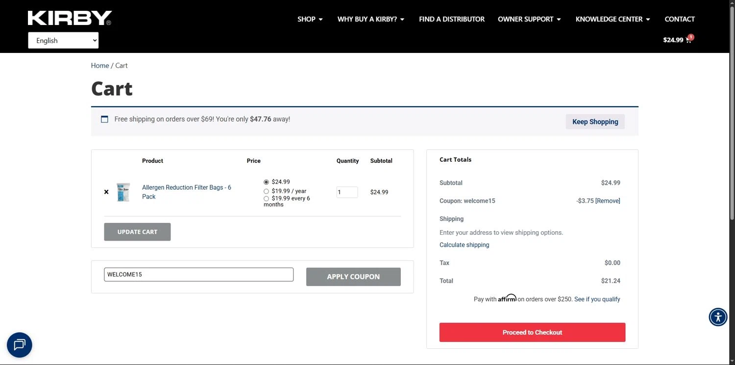 Kirby coupon code screenshot showing code WELCOME15 applied at Kirby checkout page. Uploaded by SimplyCodes community member Depressive on Sep 7, 2025