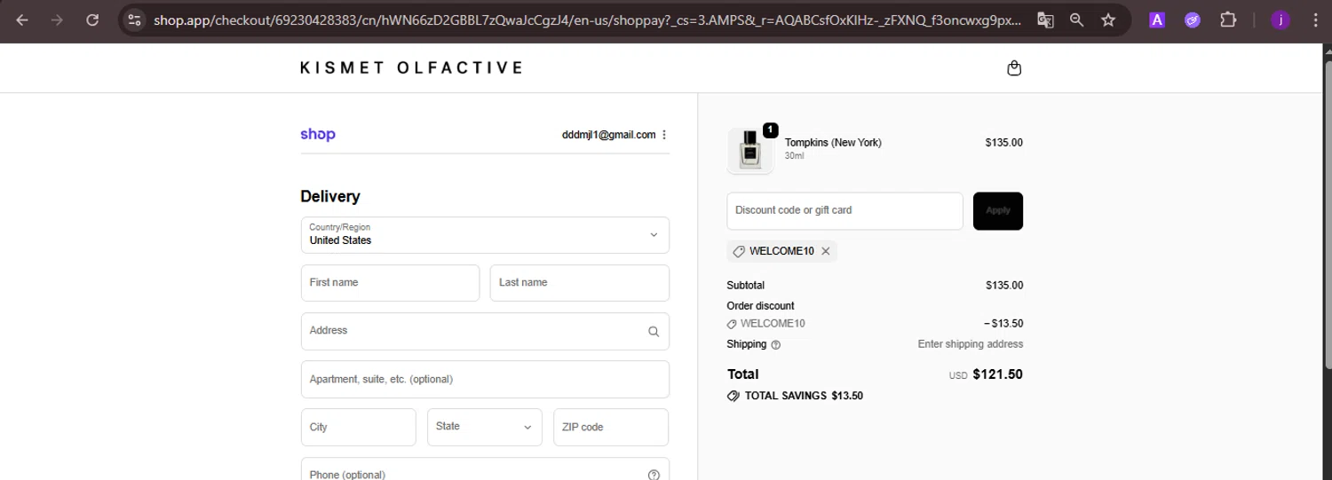 Kismet Olfactive discount code screenshot showing code WELCOME10 applied at Kismet Olfactive checkout page. Uploaded by SimplyCodes community member CoinMaverick1452 on Dec 6, 2025