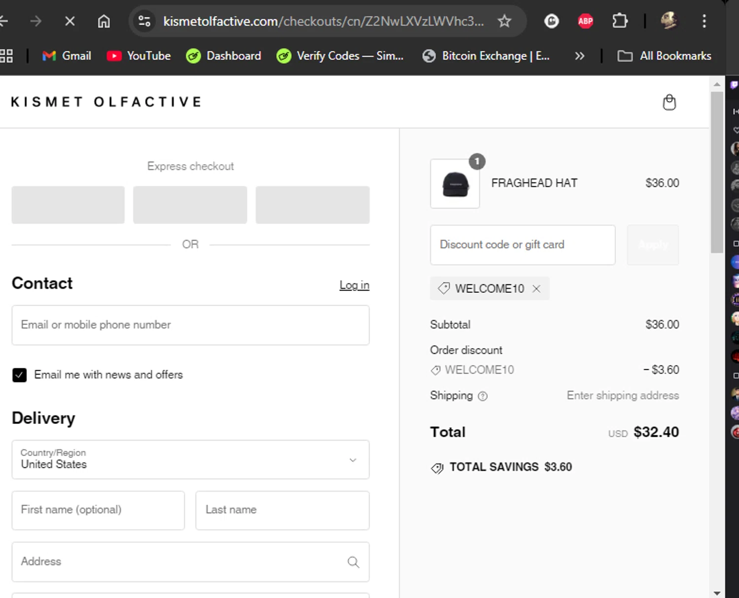 Kismet Olfactive discount code screenshot showing code WELCOME10 applied at Kismet Olfactive checkout page. Uploaded by SimplyCodes community member LiShang on Feb 2, 2025