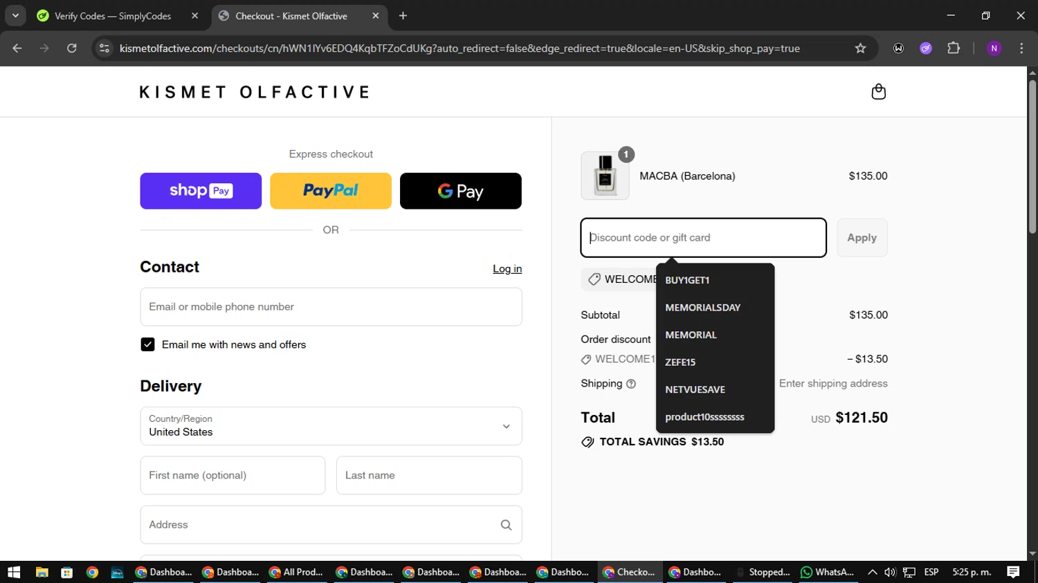 Kismet Olfactive discount code screenshot showing code WELCOME10 applied at Kismet Olfactive checkout page. Uploaded by SimplyCodes community member NATAAAAAANAELCANO on Aug 13, 2025