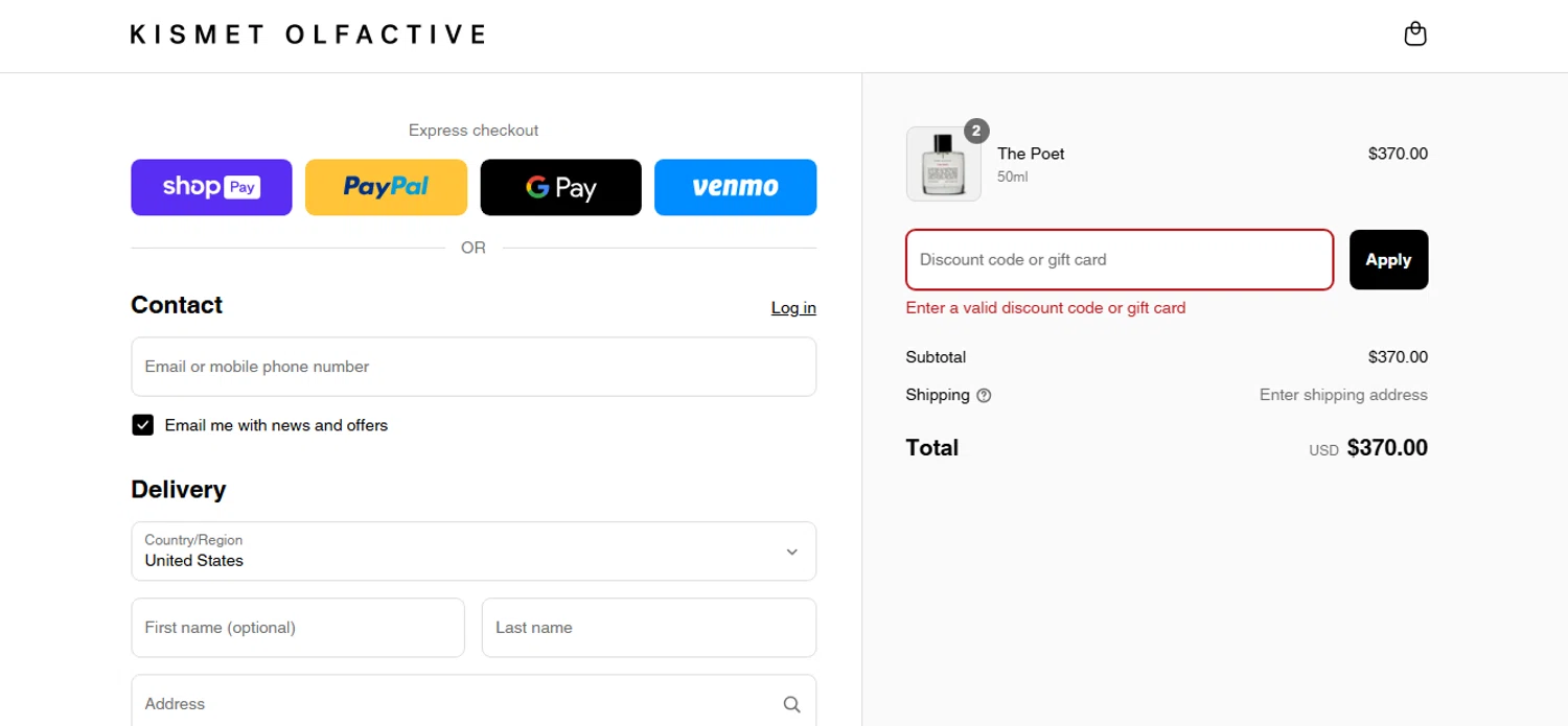 Kismet Olfactive discount code screenshot showing code 310mlspecial applied at Kismet Olfactive checkout page. Uploaded by SimplyCodes community member ThriftyShopper3669 on Apr 9, 2025