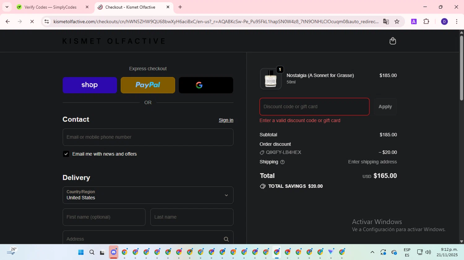 Kismet Olfactive discount code screenshot showing code VIP30 applied at Kismet Olfactive checkout page. Uploaded by SimplyCodes community member WonderLion2890 on Nov 22, 2025