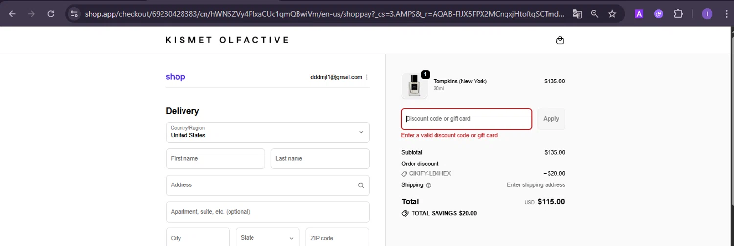 Kismet Olfactive discount code screenshot showing code VIP30 applied at Kismet Olfactive checkout page. Uploaded by SimplyCodes community member joineds on Nov 22, 2025