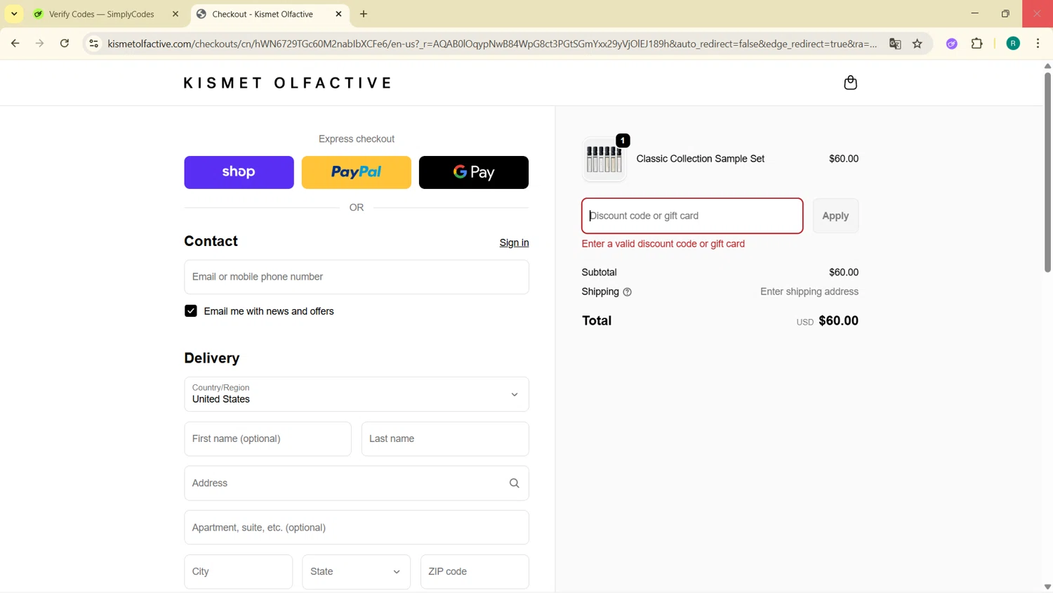 Kismet Olfactive discount code screenshot showing code CYBERSCENTS applied at Kismet Olfactive checkout page. Uploaded by SimplyCodes community member BargainMonarch6495 on Dec 6, 2025