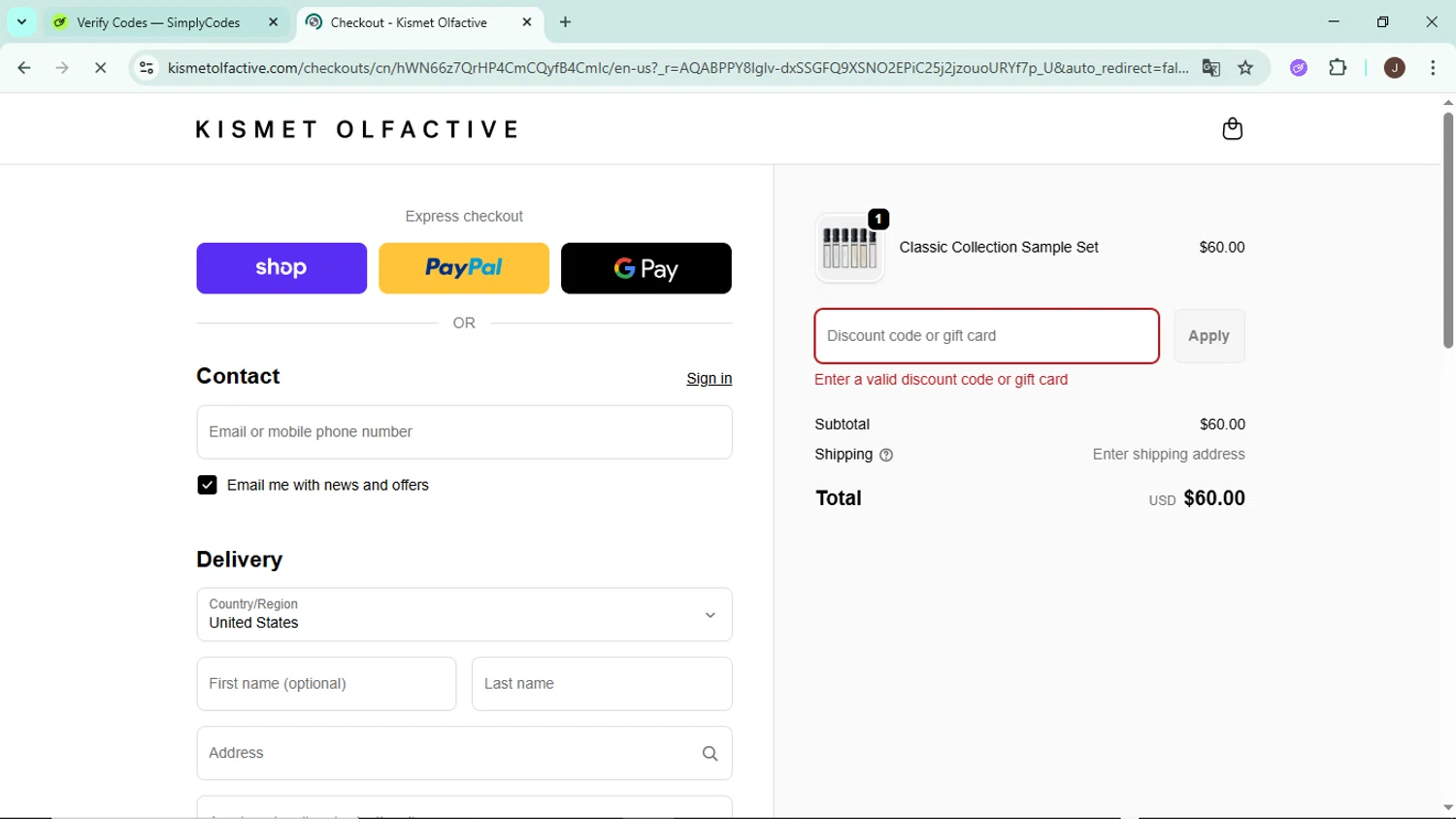 Kismet Olfactive discount code screenshot showing code CYBERSCENTS applied at Kismet Olfactive checkout page. Uploaded by SimplyCodes community member LegendaryAce8627 on Dec 6, 2025