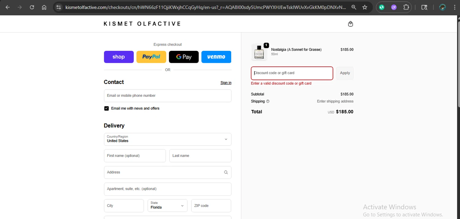 Kismet Olfactive discount code screenshot showing code CYBERSCENTS applied at Kismet Olfactive checkout page. Uploaded by SimplyCodes community member xAngel on Dec 6, 2025