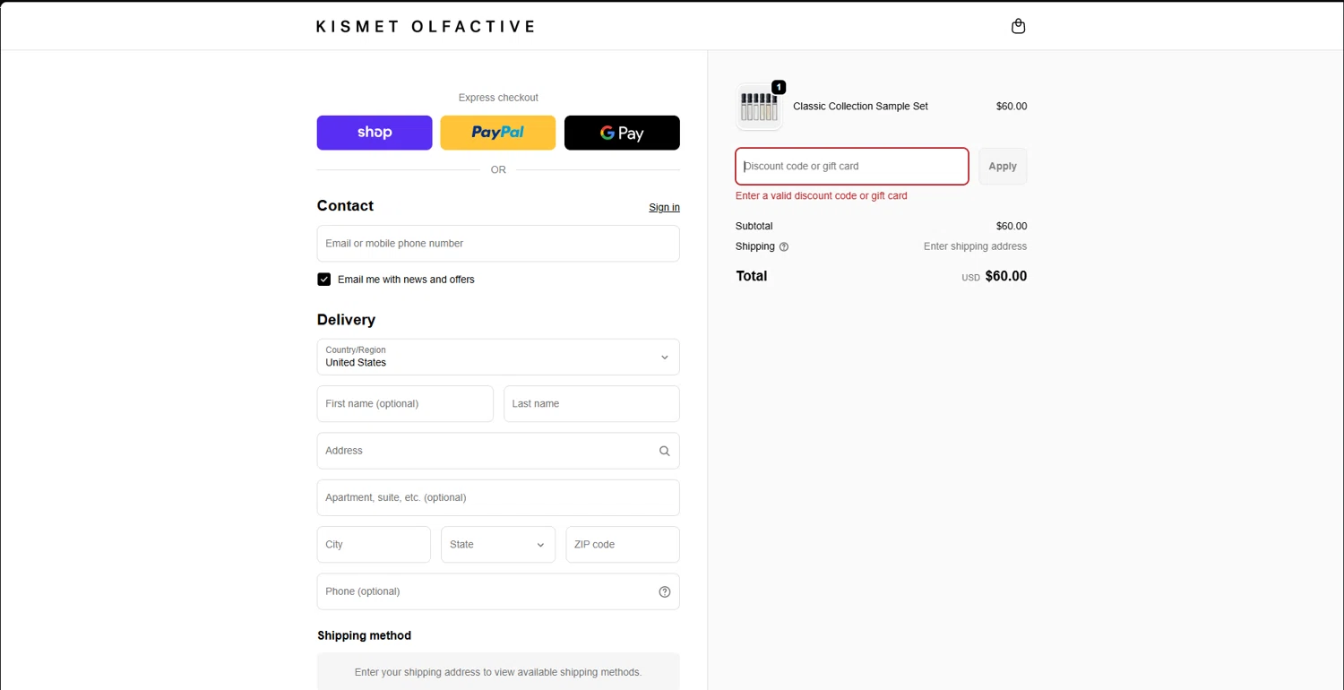 Kismet Olfactive discount code screenshot showing code discover20 applied at Kismet Olfactive checkout page. Uploaded by SimplyCodes community member JAKEELDOG on Dec 18, 2025
