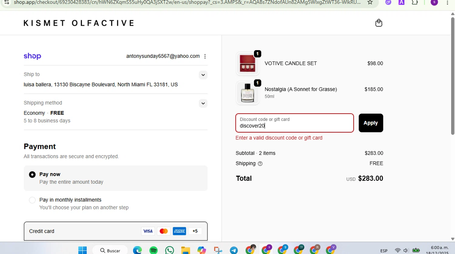Kismet Olfactive discount code screenshot showing code discover20 applied at Kismet Olfactive checkout page. Uploaded by SimplyCodes community member Lamadama on Dec 18, 2025