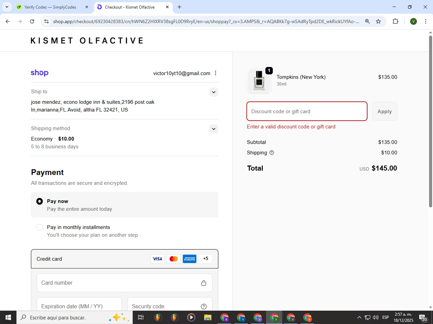Kismet Olfactive discount code screenshot showing code discover20 applied at Kismet Olfactive checkout page. Uploaded by SimplyCodes community member PrimeWizard4168 on Dec 18, 2025