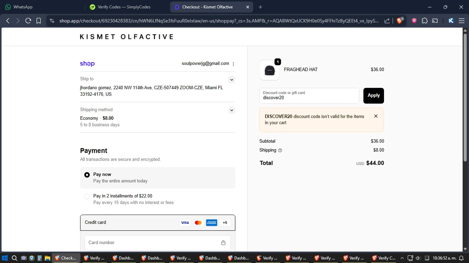 Kismet Olfactive checkout page showing Kismet Olfactive discount code box | Screenshot taken by SimplyCodes community member on Dec 12, 2025