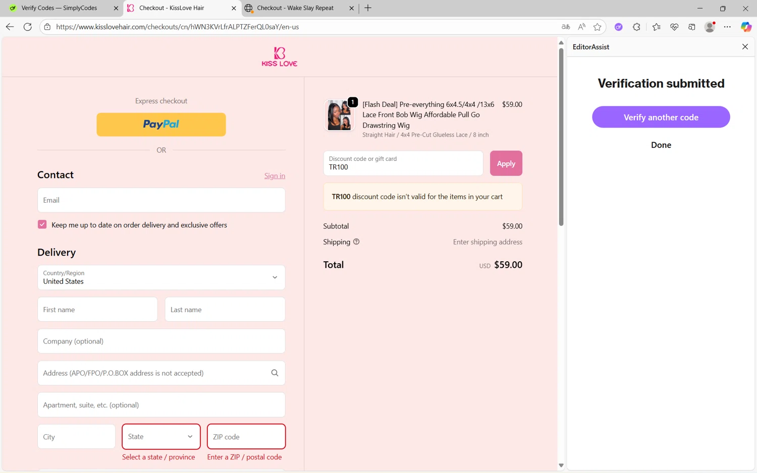 KissLove Hair promo code screenshot showing code TR100 applied at KissLove Hair checkout page. Uploaded by SimplyCodes community member Yuyu12 on Sep 24, 2025