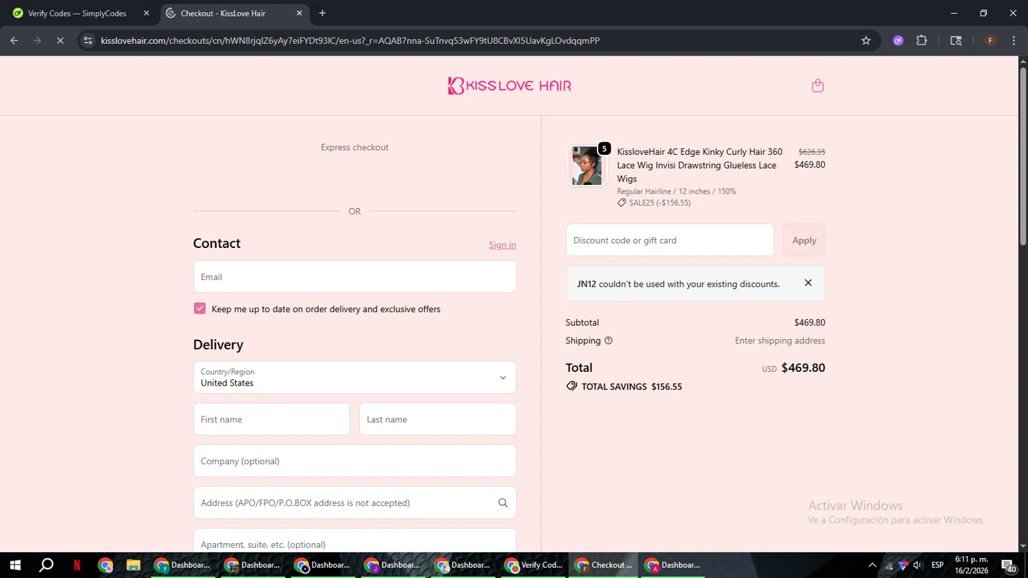 KissLove Hair checkout page showing KissLove Hair promo code box | Screenshot taken by SimplyCodes community member on Feb 16, 2026