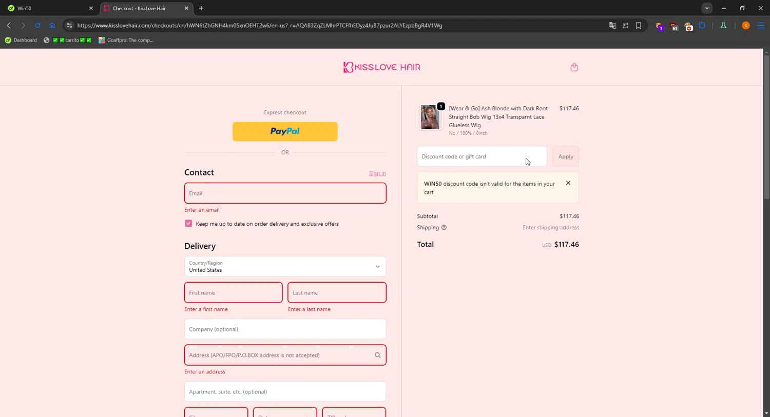 KissLove Hair promo code screenshot showing code Win50 applied at KissLove Hair checkout page. Uploaded by SimplyCodes community member LOgoter on Dec 27, 2025