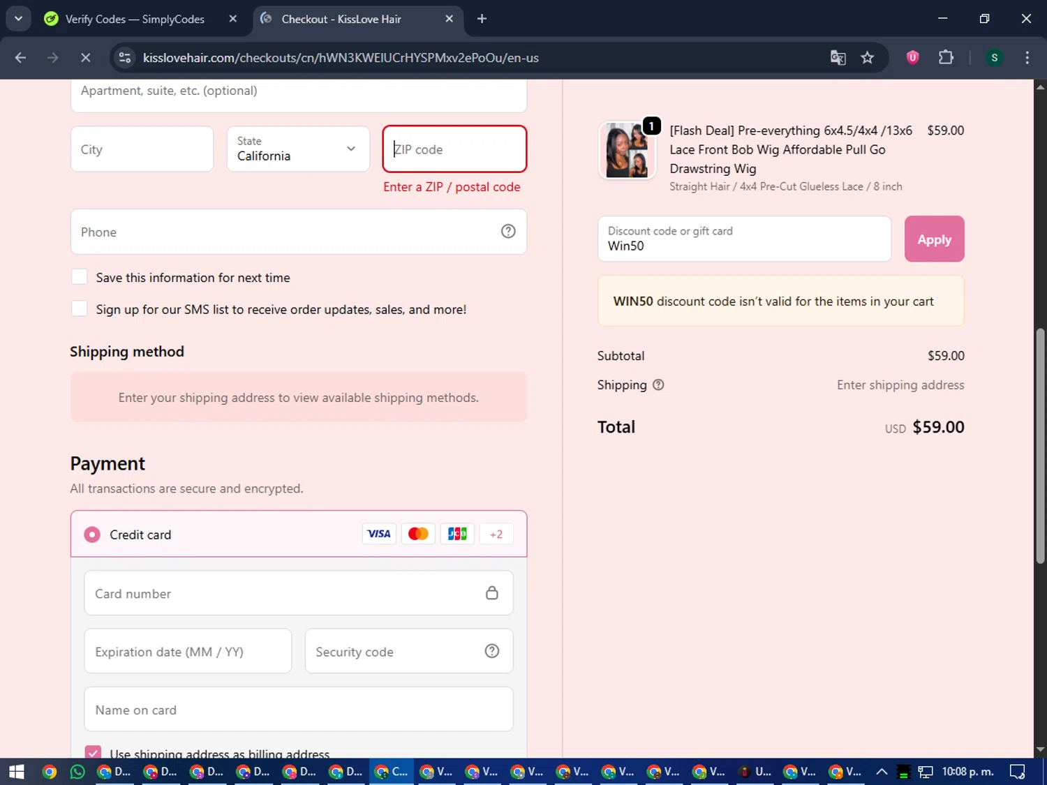 KissLove Hair promo code screenshot showing code Win50 applied at KissLove Hair checkout page. Uploaded by SimplyCodes community member lilMosey on Sep 24, 2025