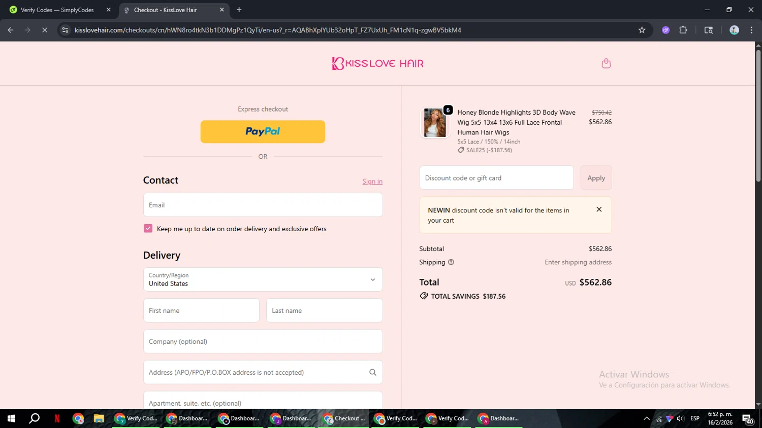 KissLove Hair checkout page showing KissLove Hair promo code box | Screenshot taken by SimplyCodes community member on Feb 16, 2026