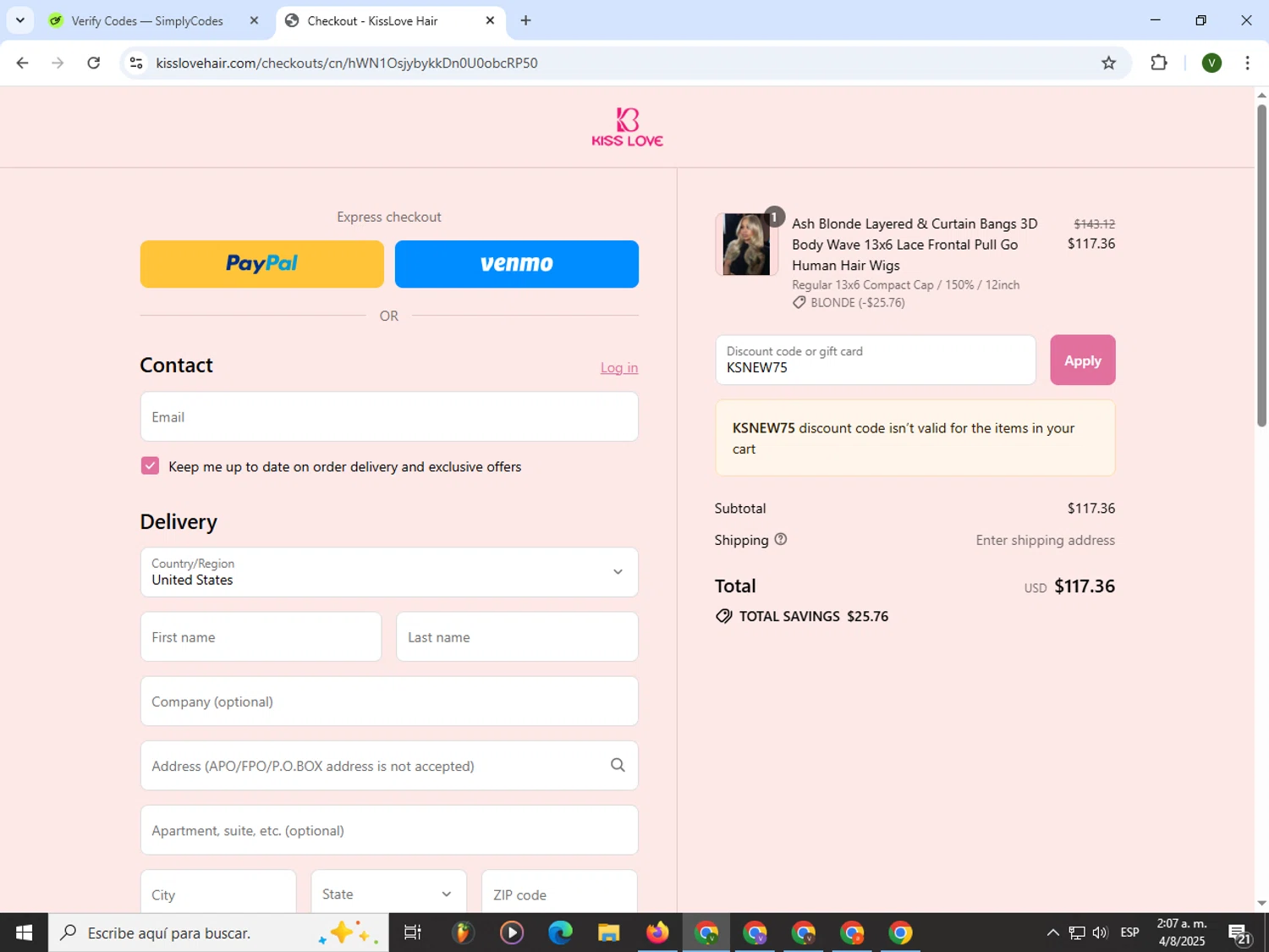 KissLove Hair promo code screenshot showing code KSNEW75 applied at KissLove Hair checkout page. Uploaded by SimplyCodes community member PrimeWizard4168 on Aug 4, 2025