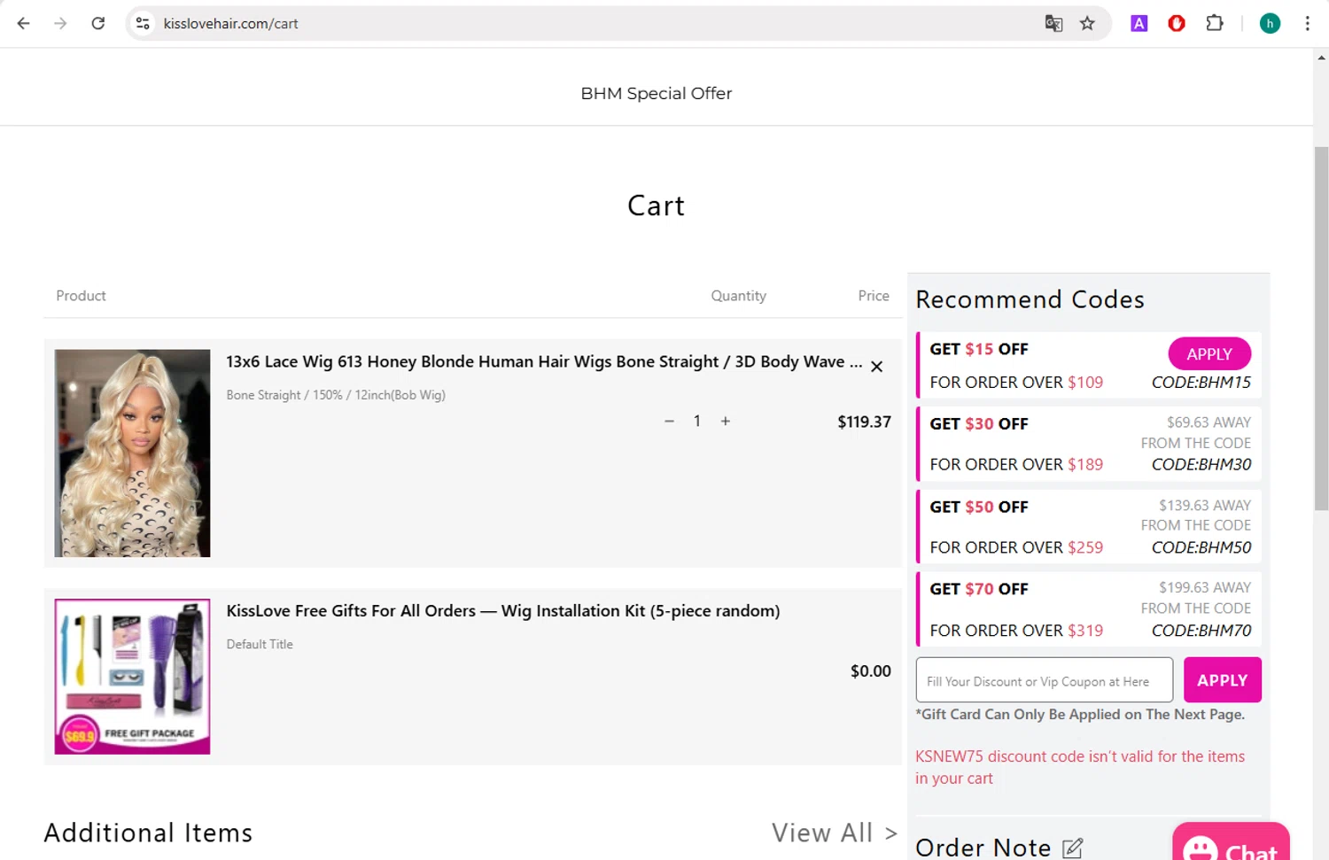 KissLove Hair promo code screenshot showing code KSNEW75 applied at KissLove Hair checkout page. Uploaded by SimplyCodes community member VictoriousGuardian220 on Feb 25, 2025