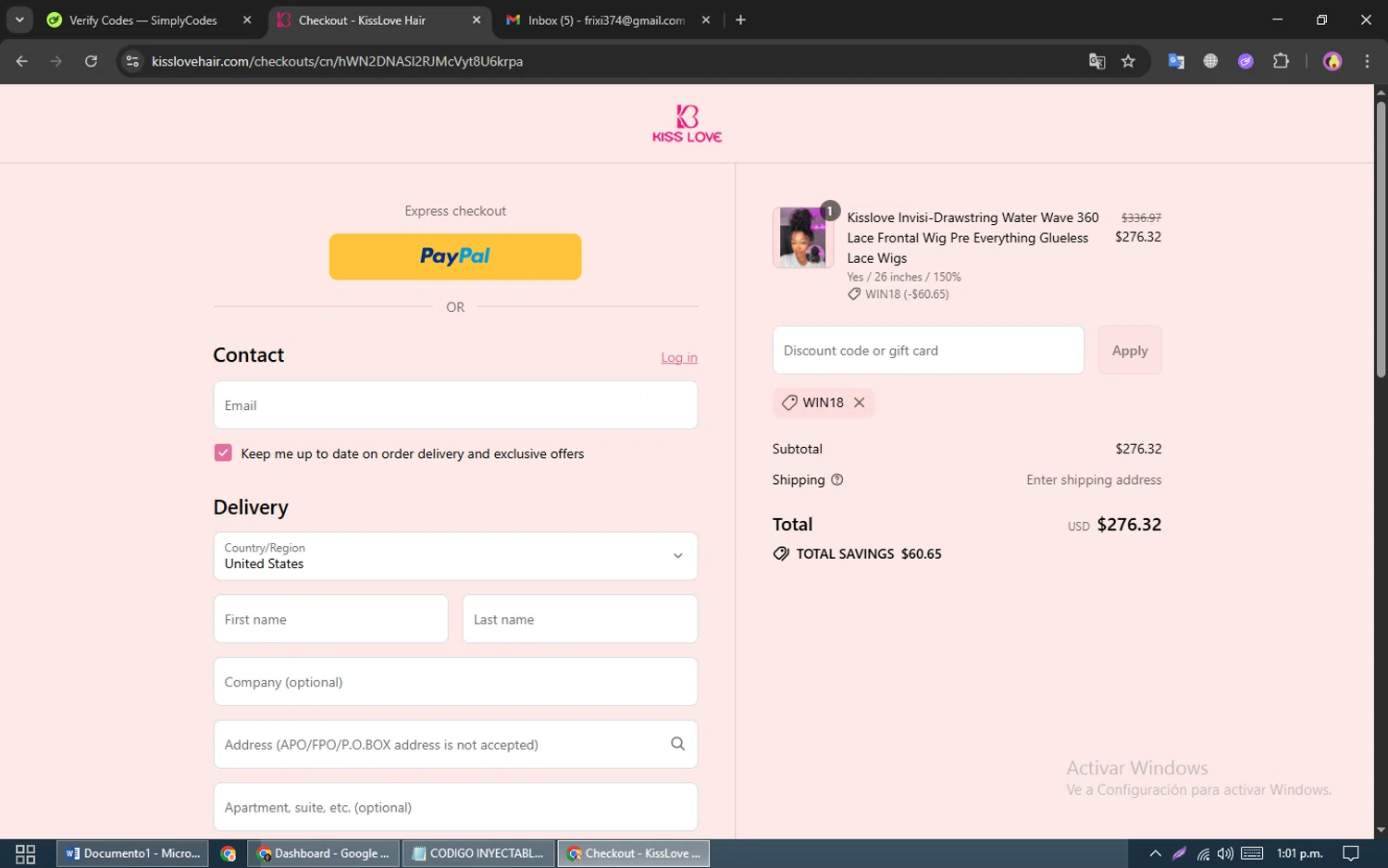 KissLove Hair promo code screenshot showing code win18 applied at KissLove Hair checkout page. Uploaded by SimplyCodes community member LassoReyes on Aug 25, 2025