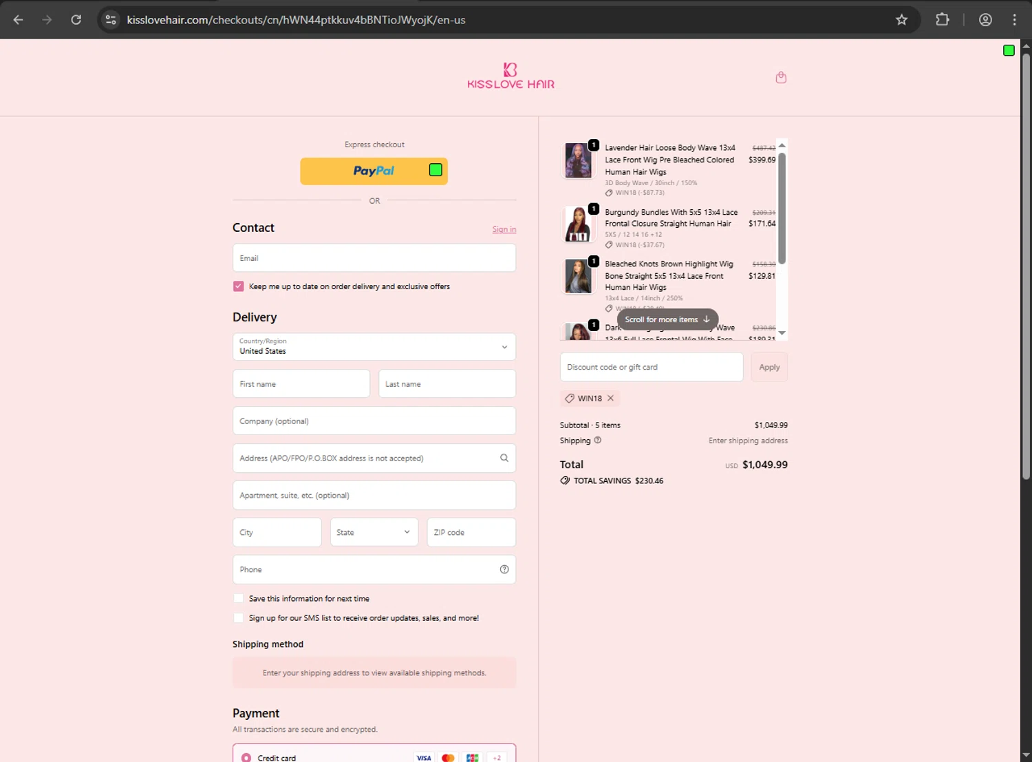 KissLove Hair promo code screenshot showing code win18 applied at KissLove Hair checkout page. Uploaded by SimplyCodes community member Scrooge on Oct 13, 2025