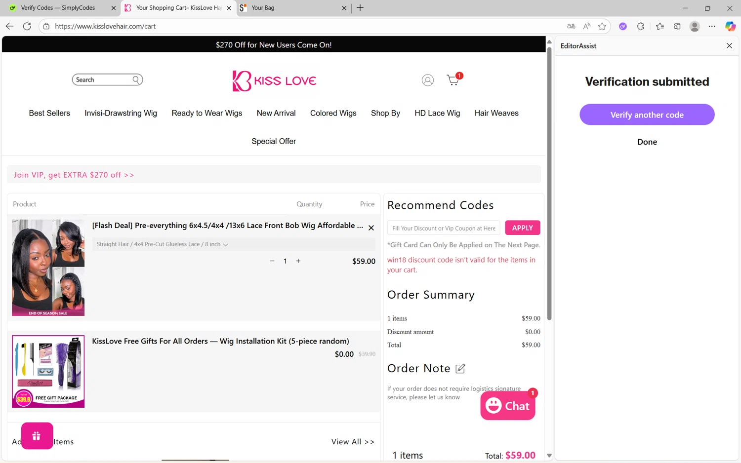 KissLove Hair promo code screenshot showing code win18 applied at KissLove Hair checkout page. Uploaded by SimplyCodes community member frijolito on Sep 24, 2025