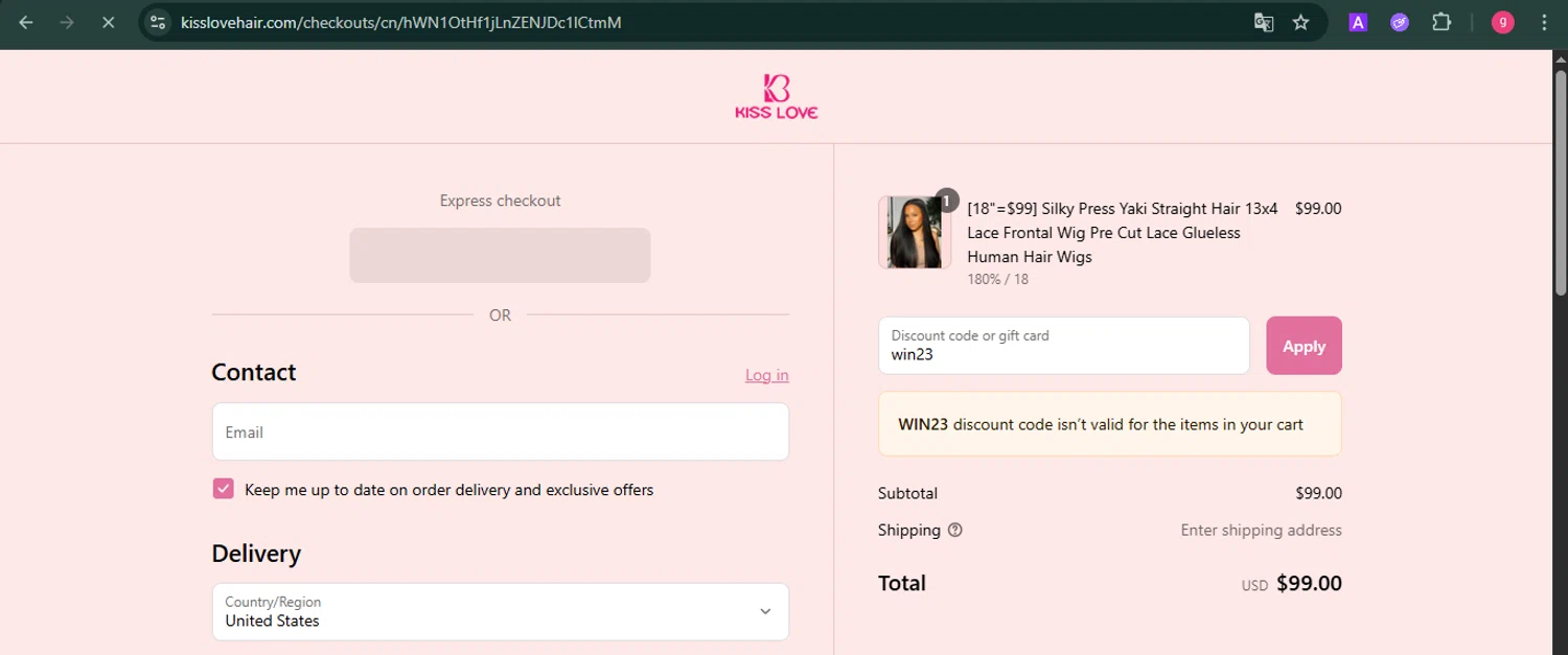 KissLove Hair promo code screenshot showing code win23 applied at KissLove Hair checkout page. Uploaded by SimplyCodes community member MoneyFalcon481 on Aug 4, 2025