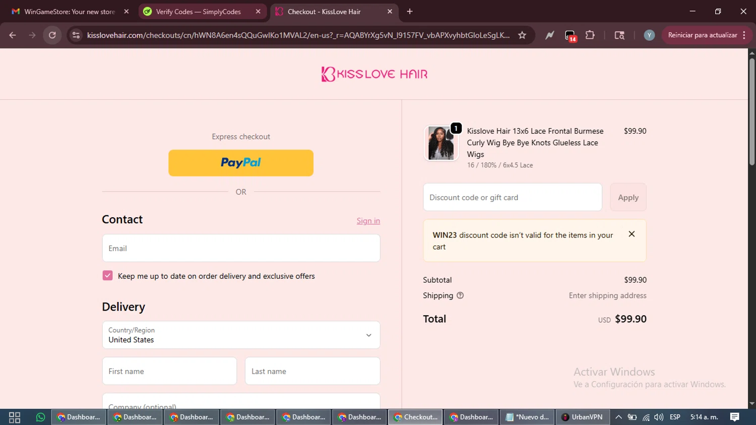 KissLove Hair promo code screenshot showing code win23 applied at KissLove Hair checkout page. Uploaded by SimplyCodes community member MoneyTiger5162 on Jan 29, 2026