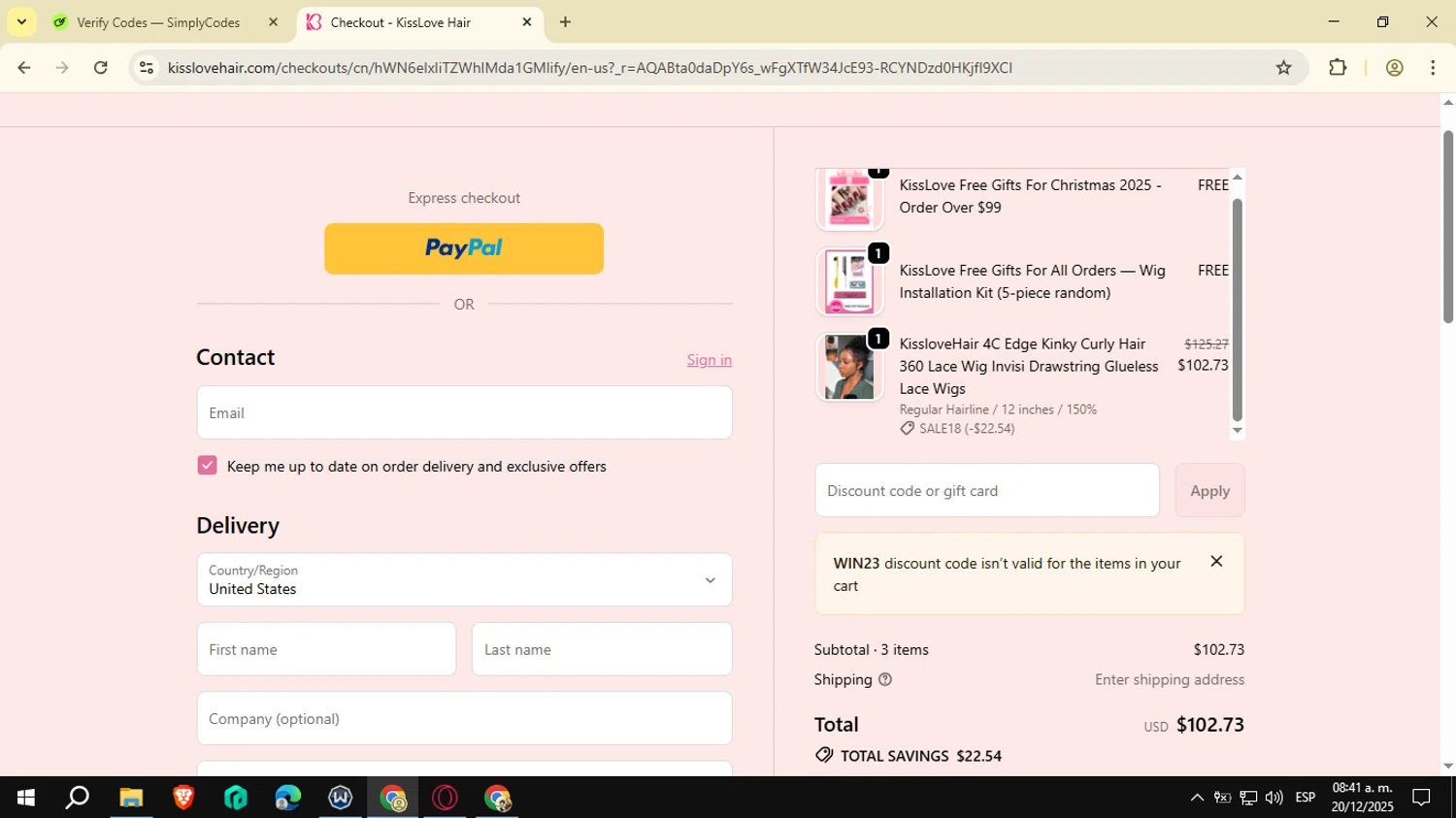KissLove Hair promo code screenshot showing code win23 applied at KissLove Hair checkout page. Uploaded by SimplyCodes community member NobleSeeker3177 on Dec 20, 2025