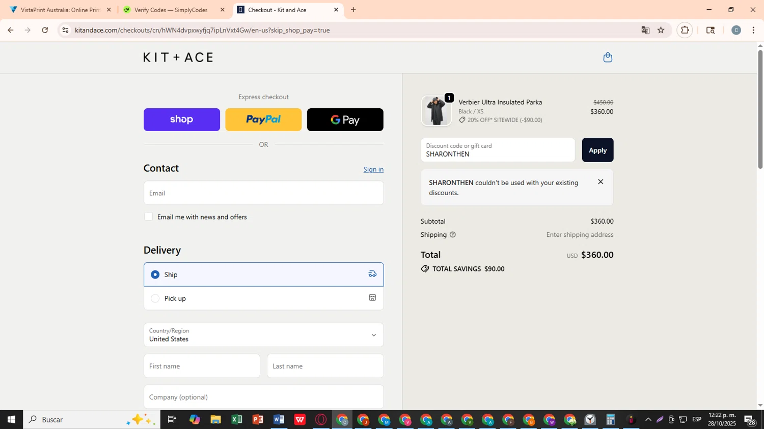 Kit and Ace checkout page showing Kit and Ace promo code box | Screenshot taken by SimplyCodes community member on Oct 28, 2025