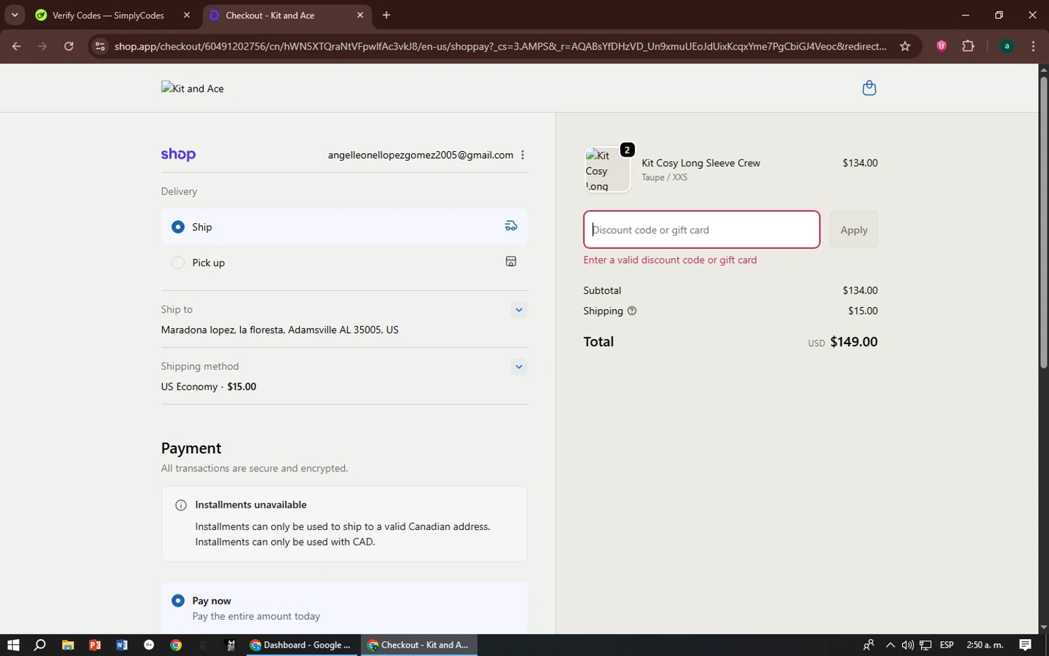 Kit and Ace promo code screenshot showing code SHARONTHEN applied at Kit and Ace checkout page. Uploaded by SimplyCodes community member zizu55 on Nov 21, 2025