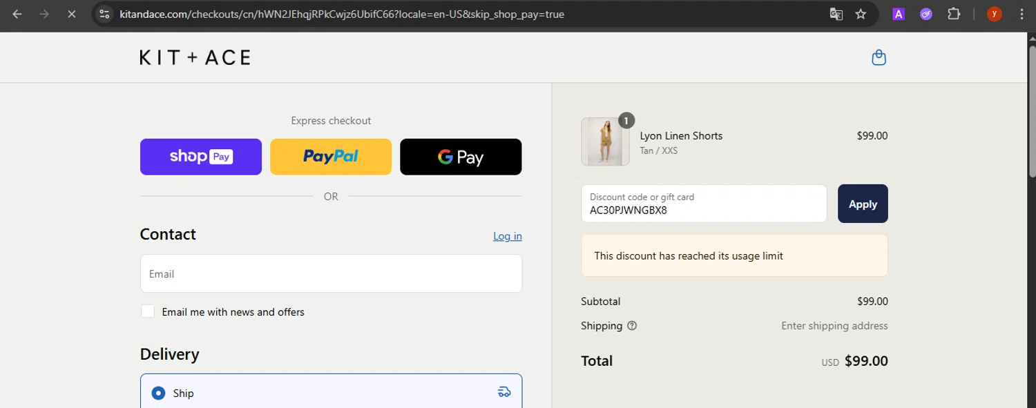 Kit and Ace promo code screenshot showing code AC30PJWNGBX8 applied at Kit and Ace checkout page. Uploaded by SimplyCodes community member CrownTiger7501 on Aug 28, 2025