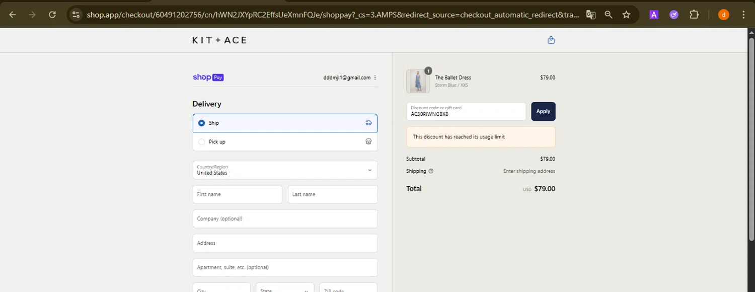 Kit and Ace promo code screenshot showing code AC30PJWNGBX8 applied at Kit and Ace checkout page. Uploaded by SimplyCodes community member PennyAdmiral6960 on Aug 28, 2025