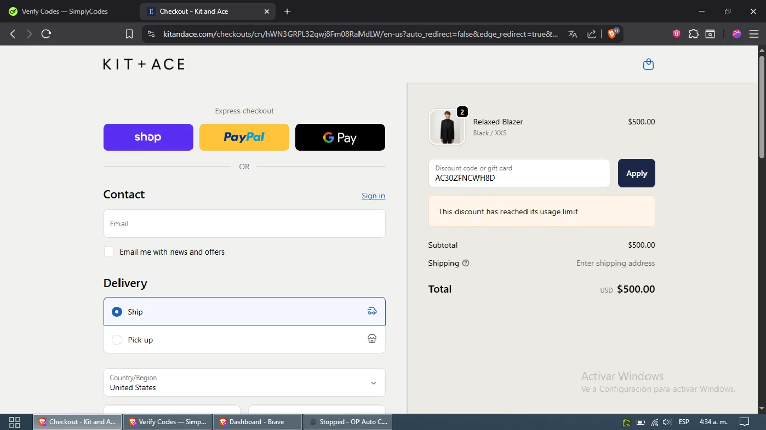 Kit and Ace promo code screenshot showing code AC30ZFNCWH8D applied at Kit and Ace checkout page. Uploaded by SimplyCodes community member Samira on Sep 22, 2025