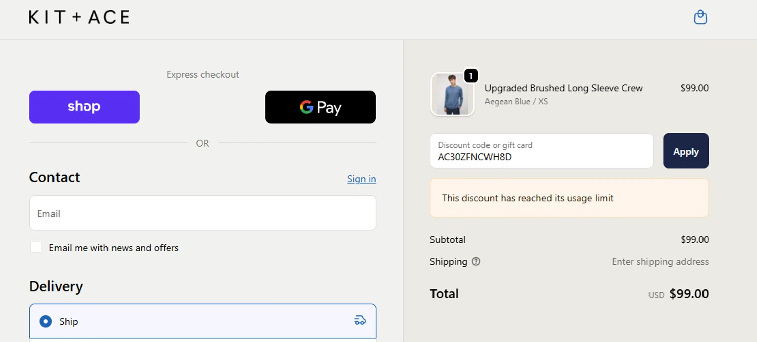 Kit and Ace promo code screenshot showing code AC30ZFNCWH8D applied at Kit and Ace checkout page. Uploaded by SimplyCodes community member Olorinnnnn on Sep 22, 2025