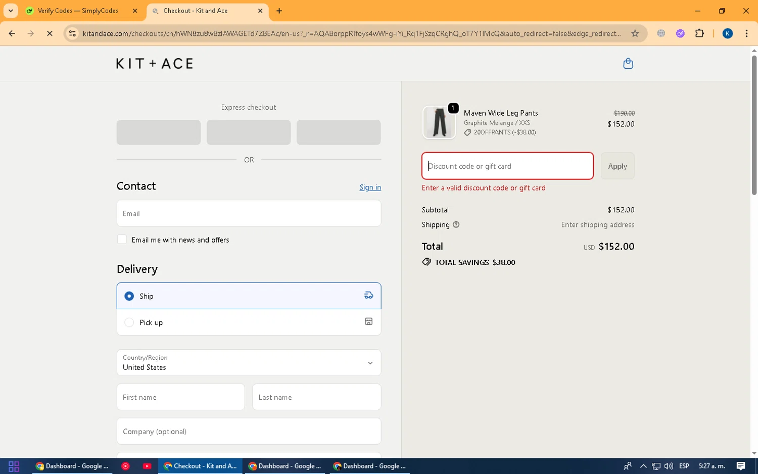 Kit and Ace promo code screenshot showing code CLEARANCE20OFF* applied at Kit and Ace checkout page. Uploaded by SimplyCodes community member Kira_1 on Feb 20, 2026