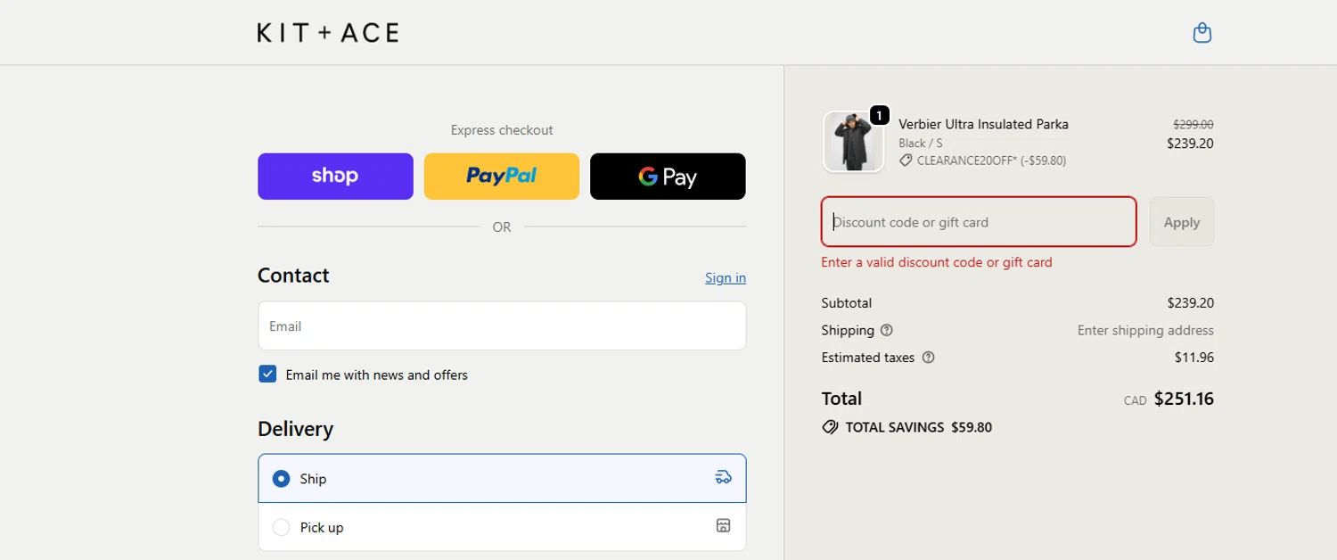 Kit and Ace checkout page showing Kit and Ace promo code box | Screenshot taken by SimplyCodes community member on Jan 16, 2026