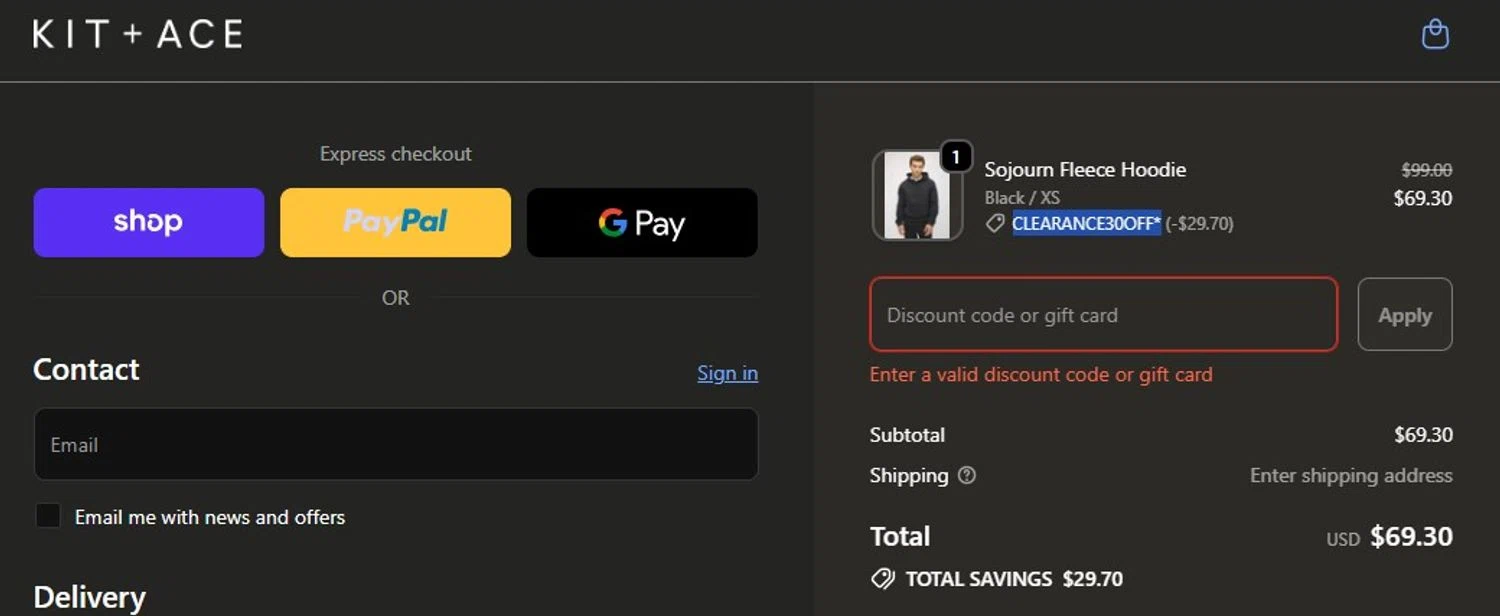 Kit and Ace promo code screenshot showing code CLEARANCE30OFF* applied at Kit and Ace checkout page. Uploaded by SimplyCodes community member josemiguelaponte on Feb 4, 2026