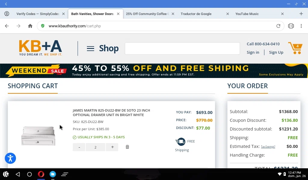 Kitchen & Bath Authority checkout page showing Kitchen & Bath Authority coupon code box | Screenshot taken by SimplyCodes community member on Jun 26, 2022
