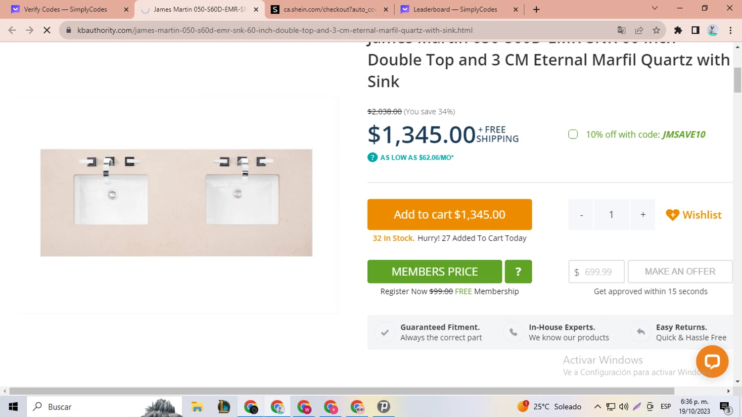 Kitchen & Bath Authority checkout page showing Kitchen & Bath Authority coupon code box | Screenshot taken by SimplyCodes community member on Oct 19, 2023