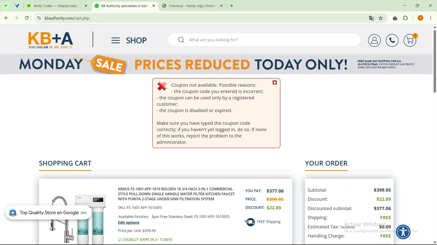 Kitchen & Bath Authority coupon code screenshot showing code SAVE10 applied at Kitchen & Bath Authority checkout page. Uploaded by SimplyCodes community member RebateSaver5991 on Apr 21, 2025