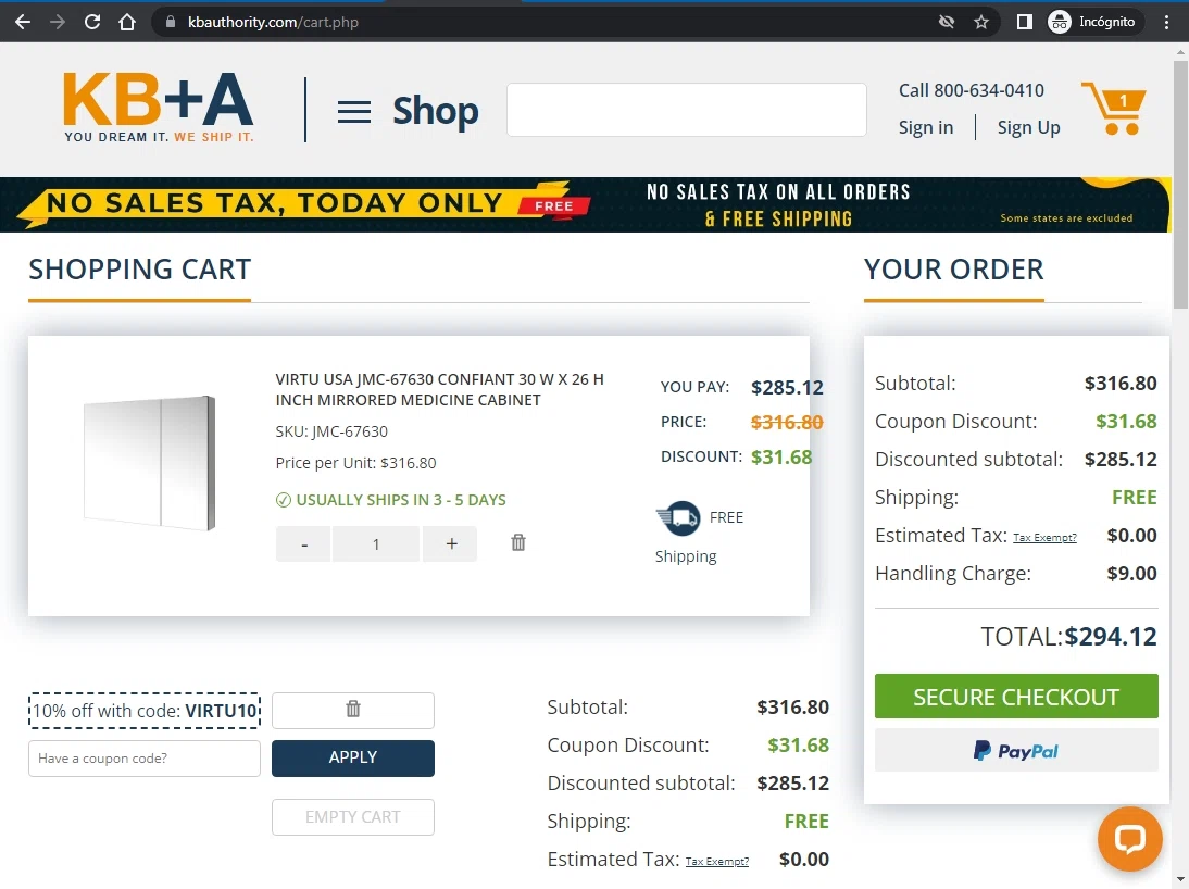 Kitchen & Bath Authority checkout page showing Kitchen & Bath Authority coupon code box | Screenshot taken by SimplyCodes community member on Jan 24, 2023