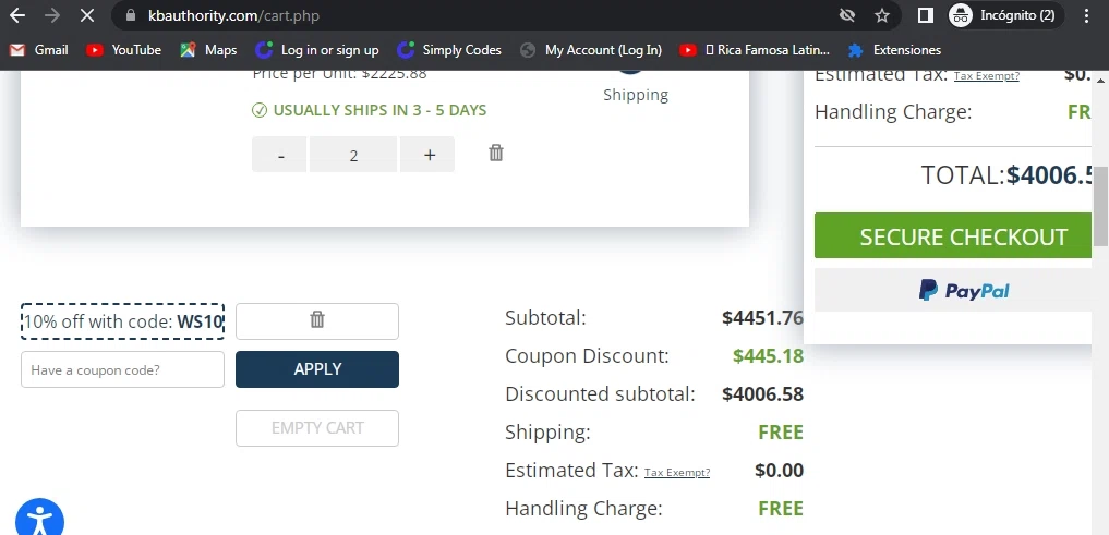 Kitchen & Bath Authority checkout page showing Kitchen & Bath Authority coupon code box | Screenshot taken by SimplyCodes community member on Jul 18, 2022