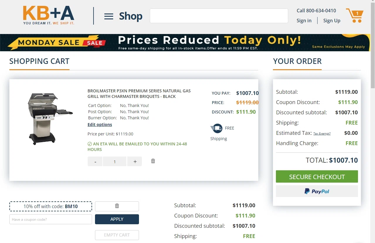 Kitchen & Bath Authority checkout page showing Kitchen & Bath Authority coupon code box | Screenshot taken by SimplyCodes community member on Apr 10, 2023