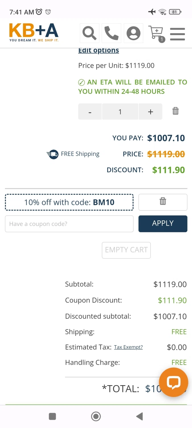 Kitchen & Bath Authority checkout page showing Kitchen & Bath Authority coupon code box | Screenshot taken by SimplyCodes community member on May 9, 2023