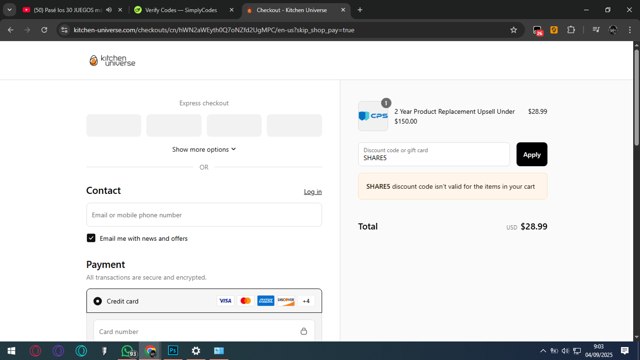 Kitchen Universe checkout page showing Kitchen Universe promo code box | Screenshot taken by SimplyCodes community member on Sep 4, 2025