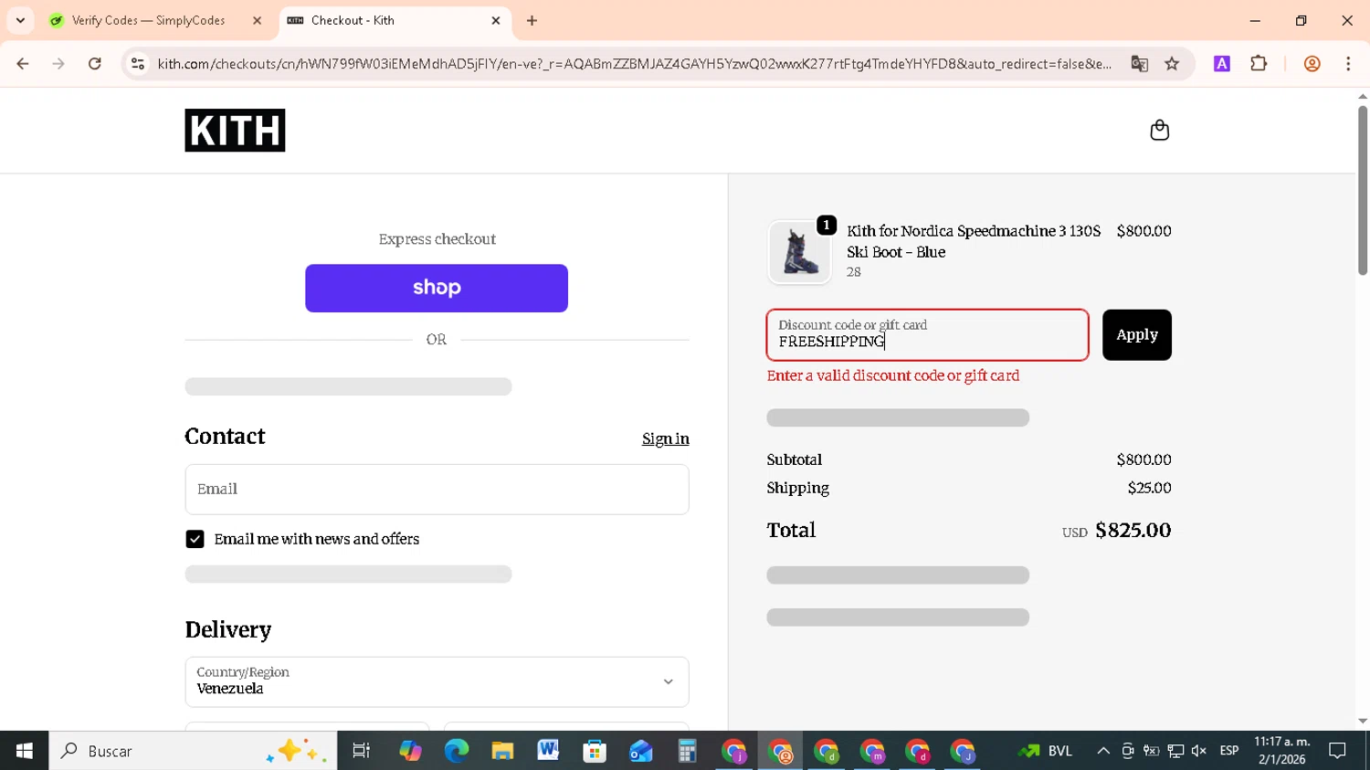 Kith promo code screenshot showing code FREESHIPPING applied at Kith checkout page. Uploaded by SimplyCodes community member RebateCollector5909 on Jan 2, 2026