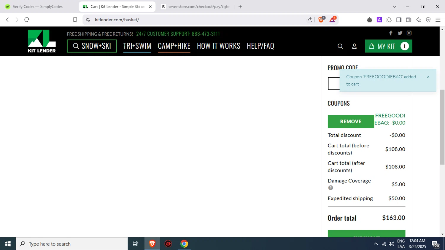 Kit Lender promo code screenshot showing code FREEGOODIEBAG applied at Kit Lender checkout page. Uploaded by SimplyCodes community member Juliocesar27 on Mar 25, 2025