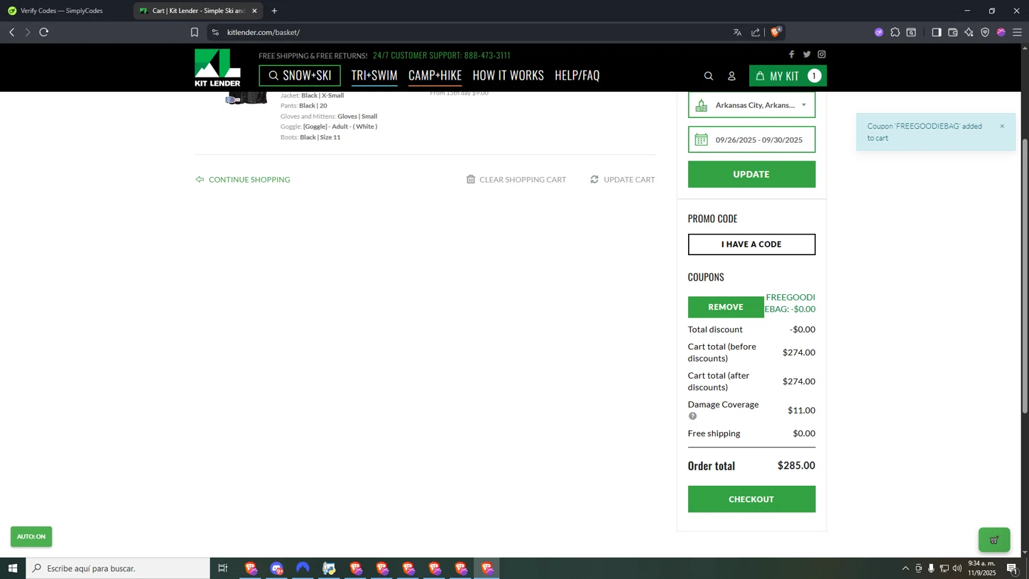Kit Lender promo code screenshot showing code FREEGOODIEBAG applied at Kit Lender checkout page. Uploaded by SimplyCodes community member VictoriousDefender7352 on Sep 11, 2025