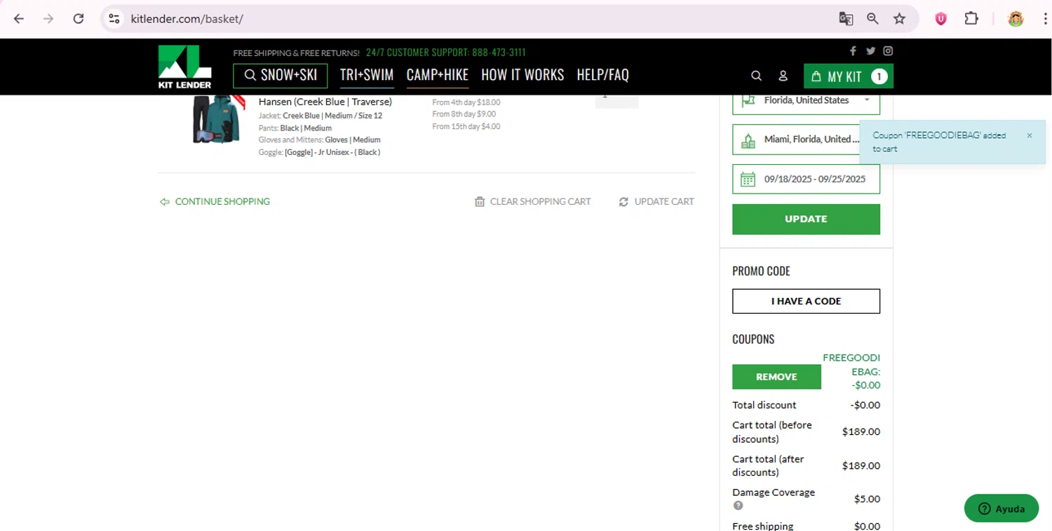 Kit Lender promo code screenshot showing code FREEGOODIEBAG applied at Kit Lender checkout page. Uploaded by SimplyCodes community member laurachirinos on Aug 13, 2025